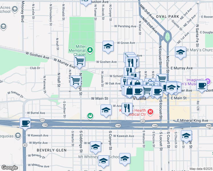 map of restaurants, bars, coffee shops, grocery stores, and more near 215 North Conyer Street in Visalia