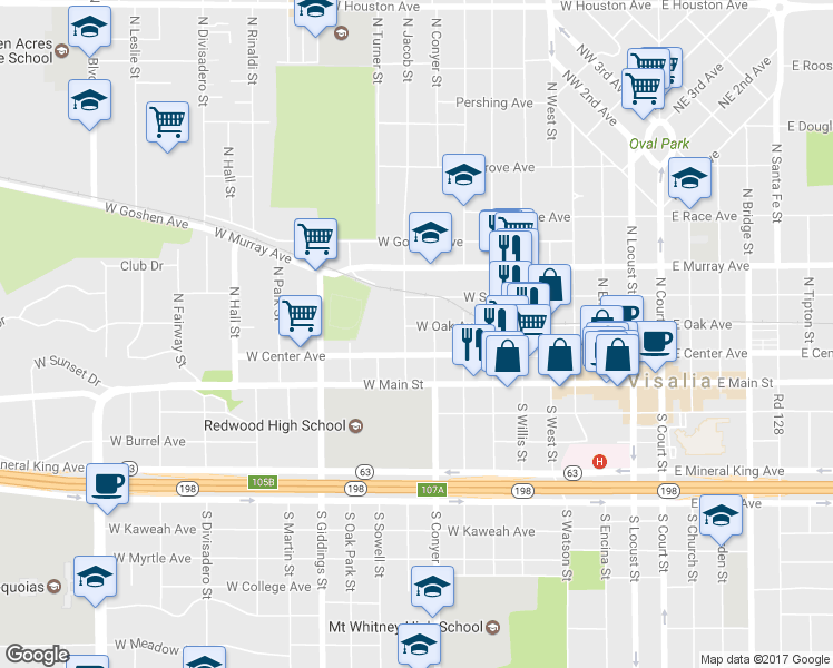 map of restaurants, bars, coffee shops, grocery stores, and more near 201-299 North Jacob Street in Visalia