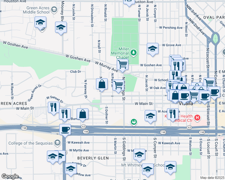 map of restaurants, bars, coffee shops, grocery stores, and more near 1321 West Oak Avenue in Visalia