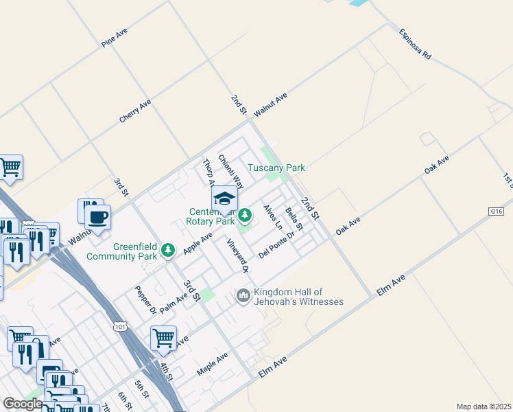 map of restaurants, bars, coffee shops, grocery stores, and more near 223 Apple Avenue in Greenfield