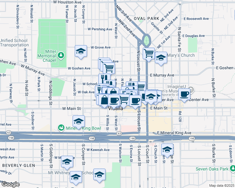 map of restaurants, bars, coffee shops, grocery stores, and more near 218 North West Street in Visalia