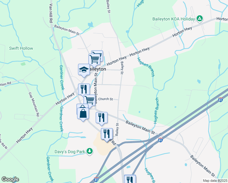 map of restaurants, bars, coffee shops, grocery stores, and more near 425 Bailey Street in Greeneville