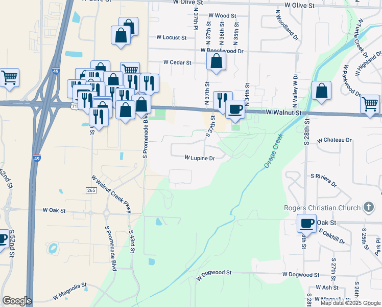 map of restaurants, bars, coffee shops, grocery stores, and more near 3801 West Lupine Drive in Rogers