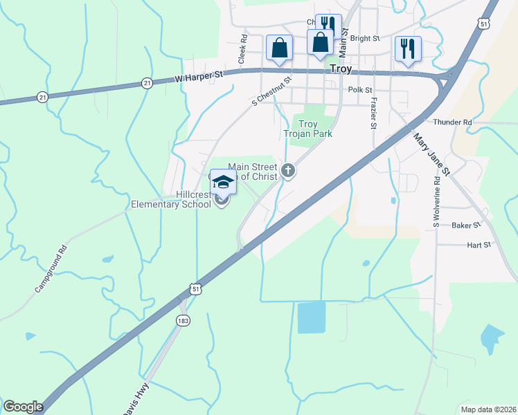 map of restaurants, bars, coffee shops, grocery stores, and more near 701 Johnson Crossing Lane in Troy