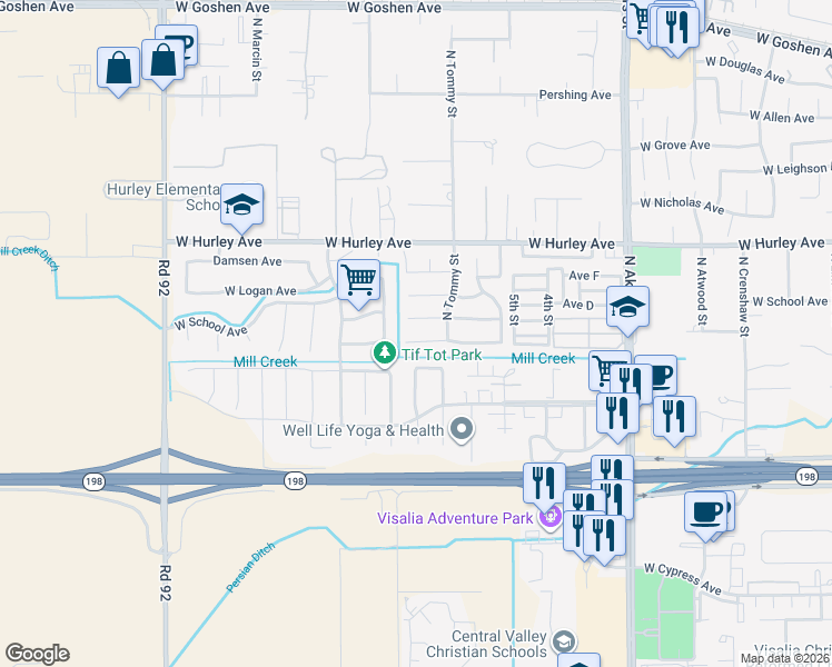map of restaurants, bars, coffee shops, grocery stores, and more near 6016 West Crowley Avenue in Visalia