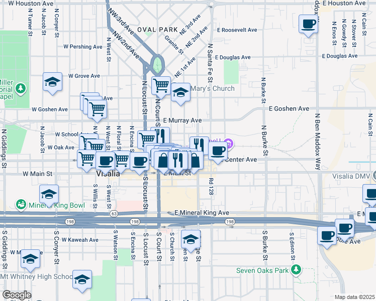 map of restaurants, bars, coffee shops, grocery stores, and more near 210 N Church St in Visalia