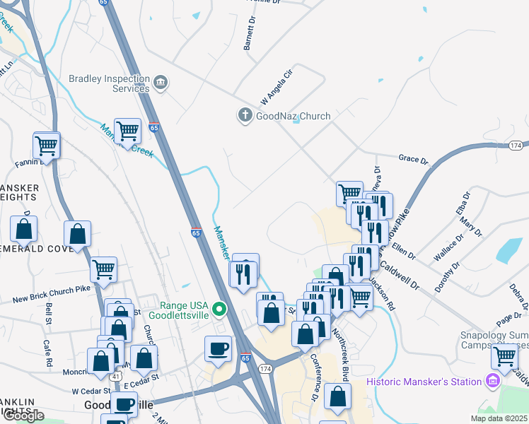 map of restaurants, bars, coffee shops, grocery stores, and more near 3050 Business Park Circle in Goodlettsville