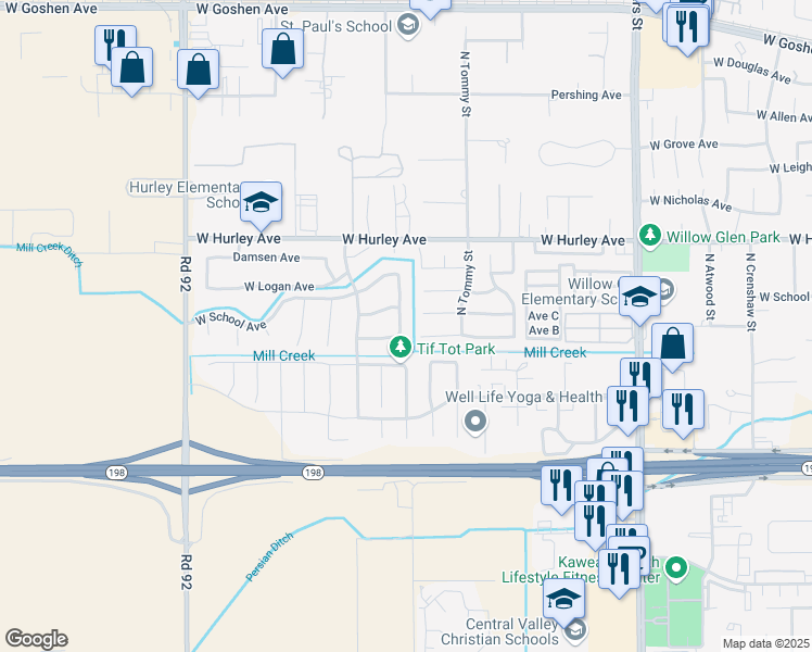 map of restaurants, bars, coffee shops, grocery stores, and more near 228 North Boise Street in Visalia