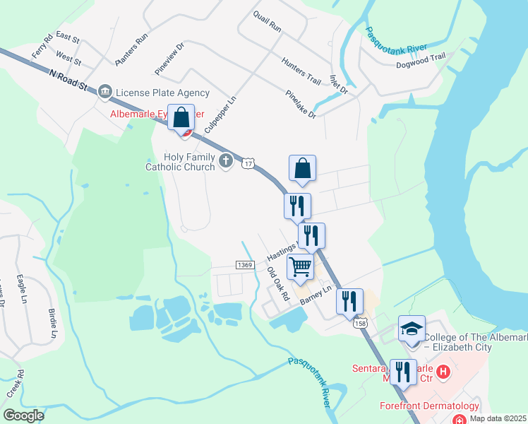 map of restaurants, bars, coffee shops, grocery stores, and more near 1500 Emerald Lake Circle in Elizabeth City