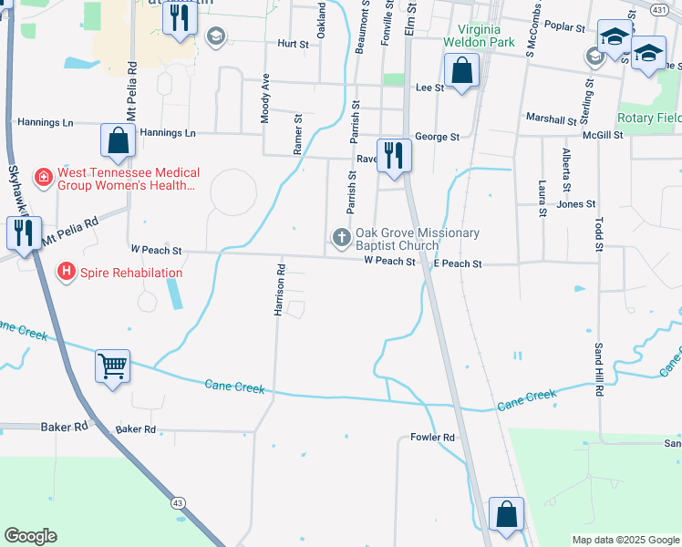 map of restaurants, bars, coffee shops, grocery stores, and more near 146 West Peach Street in Martin