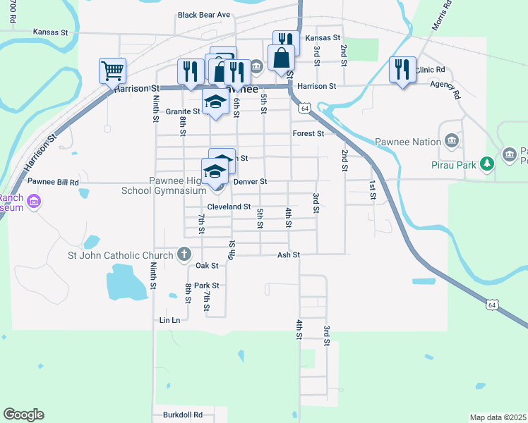 map of restaurants, bars, coffee shops, grocery stores, and more near 415 Cleveland Street in Pawnee
