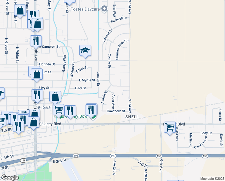 map of restaurants, bars, coffee shops, grocery stores, and more near 698 Alder Avenue in Hanford