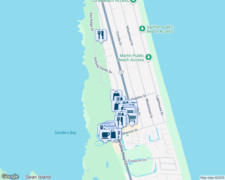 map of restaurants, bars, coffee shops, grocery stores, and more near 826 Monteray Drive in Corolla