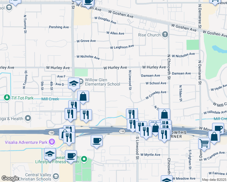 map of restaurants, bars, coffee shops, grocery stores, and more near 230 North Crenshaw Street in Visalia