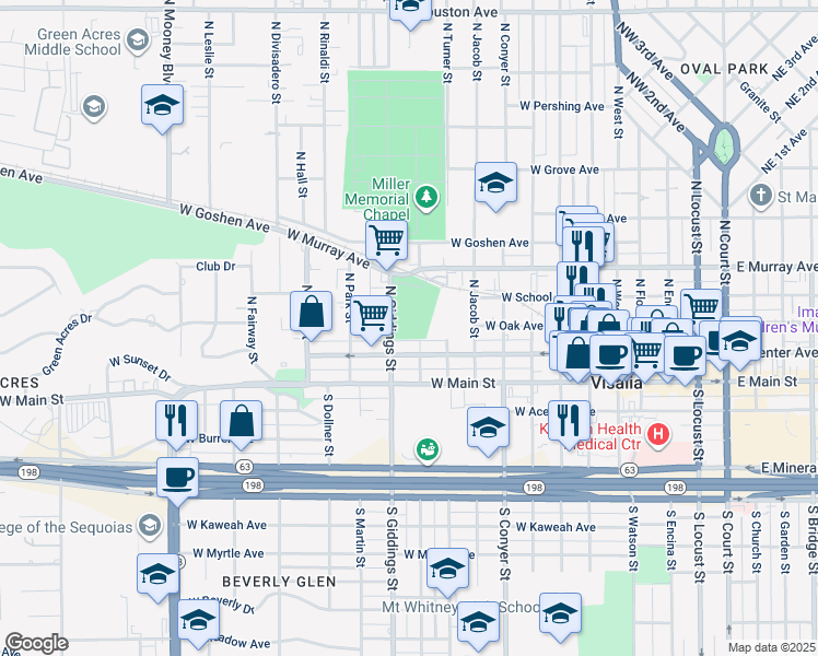 map of restaurants, bars, coffee shops, grocery stores, and more near 300 North Giddings Street in Visalia