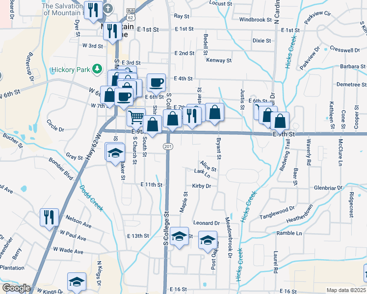 map of restaurants, bars, coffee shops, grocery stores, and more near 907 Dryer Street in Mountain Home