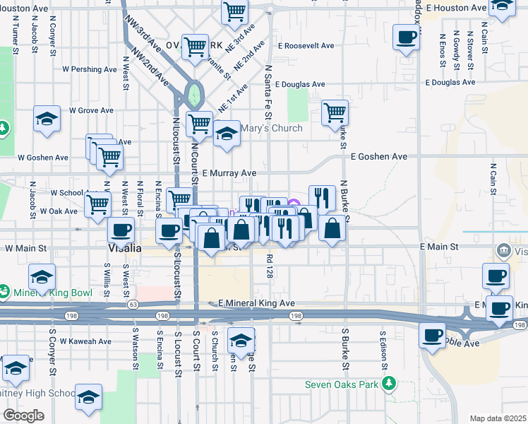map of restaurants, bars, coffee shops, grocery stores, and more near 425 East Oak Avenue in Visalia