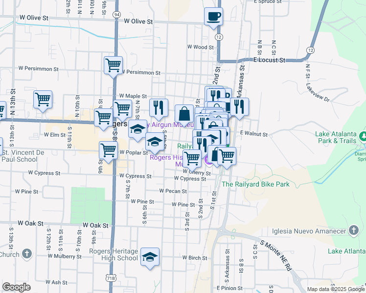 map of restaurants, bars, coffee shops, grocery stores, and more near 318 West Elm Street in Rogers