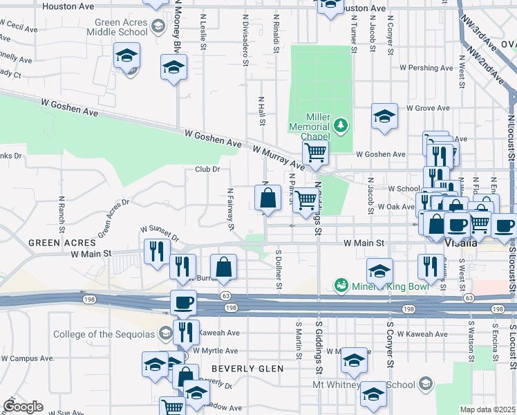 map of restaurants, bars, coffee shops, grocery stores, and more near 1435 West Oak Avenue in Visalia