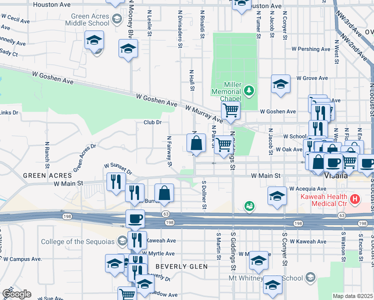 map of restaurants, bars, coffee shops, grocery stores, and more near 205 North Hall Street in Visalia