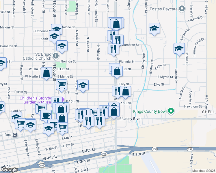 map of restaurants, bars, coffee shops, grocery stores, and more near 522 East 11th Street in Hanford