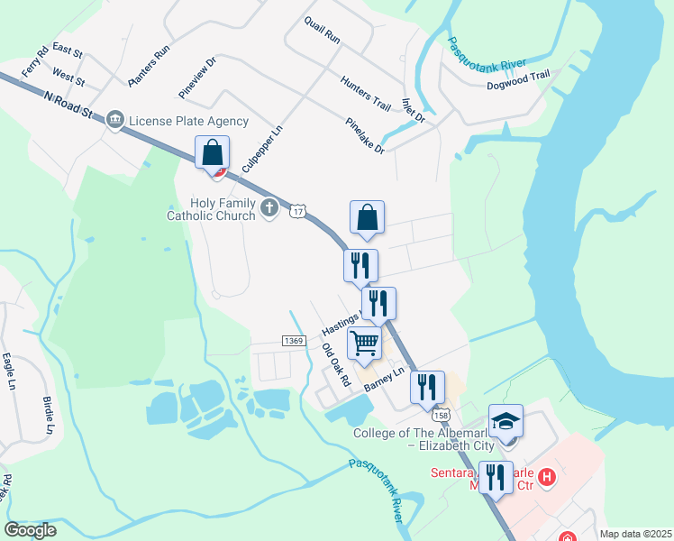 map of restaurants, bars, coffee shops, grocery stores, and more near 1501 Emerald Lake Circle in Elizabeth City