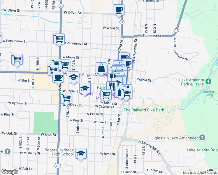 map of restaurants, bars, coffee shops, grocery stores, and more near in Rogers