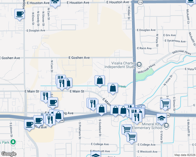 map of restaurants, bars, coffee shops, grocery stores, and more near 2400 East Center Court in Visalia