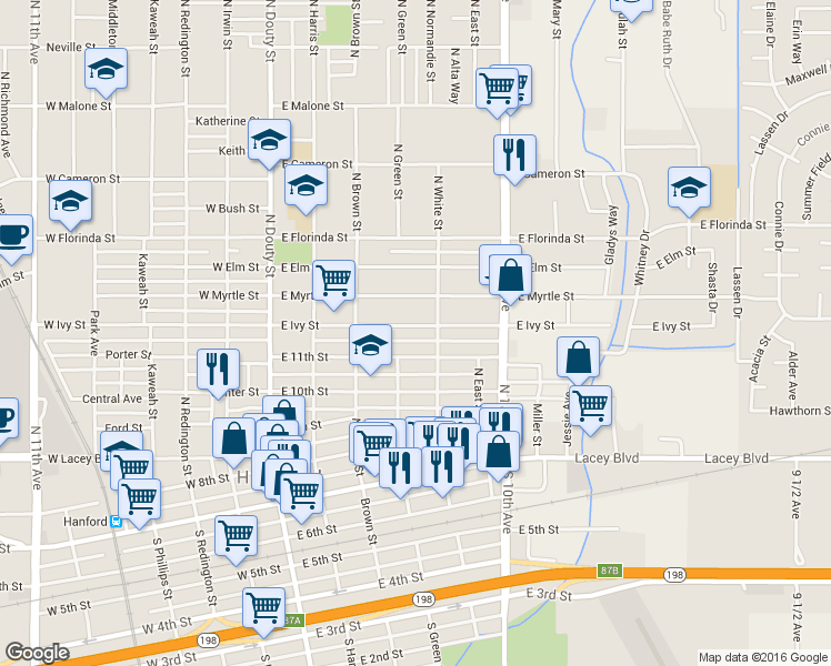 map of restaurants, bars, coffee shops, grocery stores, and more near 407 East Ivy Street in Hanford