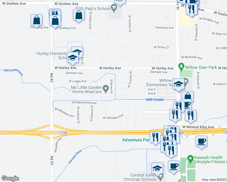 map of restaurants, bars, coffee shops, grocery stores, and more near 236 North Boise Street in Visalia