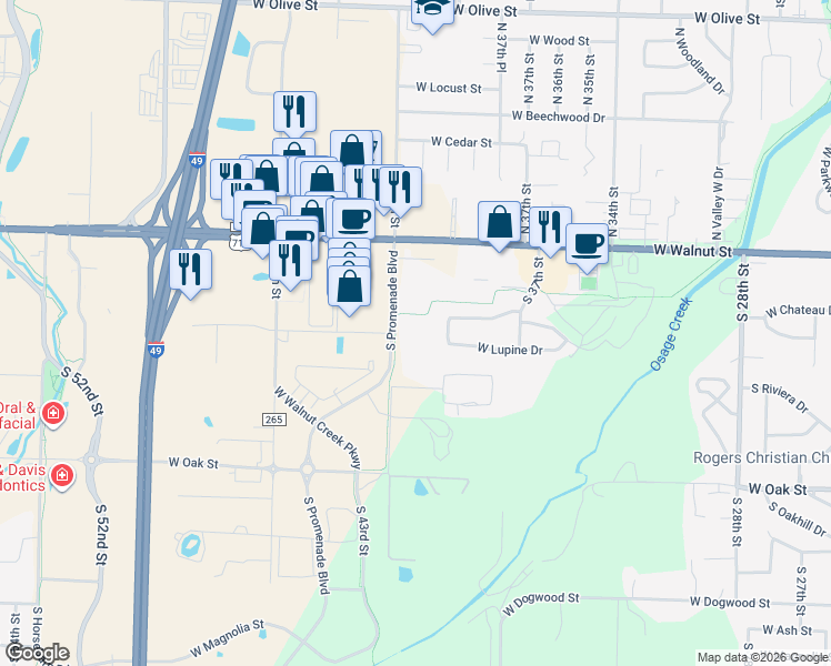 map of restaurants, bars, coffee shops, grocery stores, and more near in Rogers