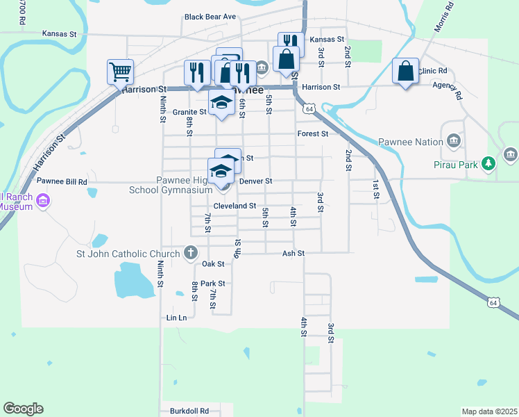map of restaurants, bars, coffee shops, grocery stores, and more near 415 Cleveland Street in Pawnee