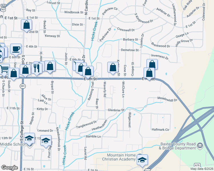 map of restaurants, bars, coffee shops, grocery stores, and more near 909 Waverly Road in Mountain Home