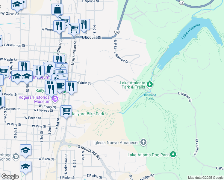 map of restaurants, bars, coffee shops, grocery stores, and more near 515 East Spring Street in Rogers