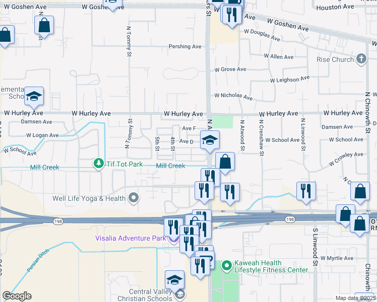 map of restaurants, bars, coffee shops, grocery stores, and more near 225 North Akers Street in Visalia