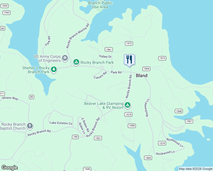 map of restaurants, bars, coffee shops, grocery stores, and more near 20488 Rocky Branch Road in Rogers