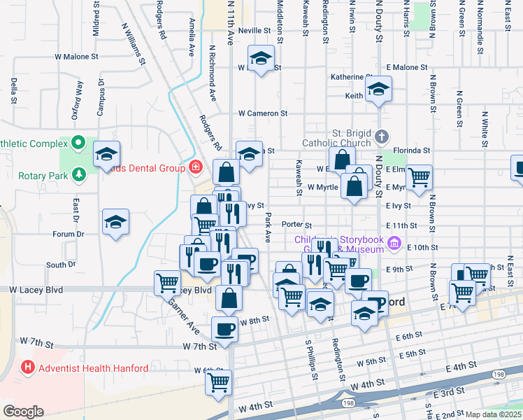 map of restaurants, bars, coffee shops, grocery stores, and more near 503 West Ivy Street in Hanford