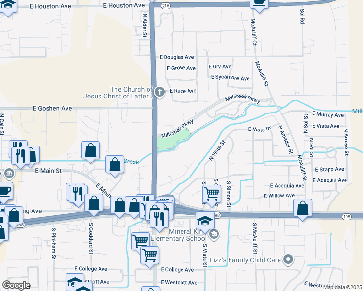 map of restaurants, bars, coffee shops, grocery stores, and more near 208 North Lovers Lane in Visalia