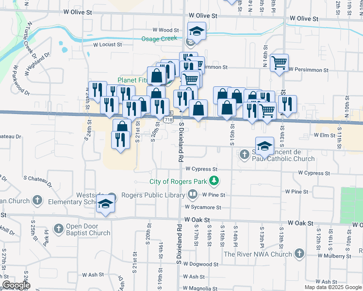 map of restaurants, bars, coffee shops, grocery stores, and more near West Poplar Street in Rogers