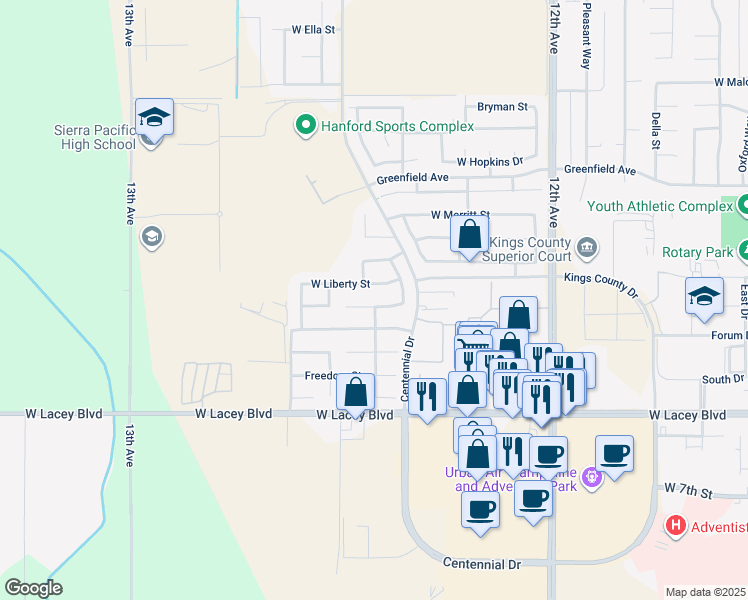 map of restaurants, bars, coffee shops, grocery stores, and more near 2104 Franklin Way in Hanford