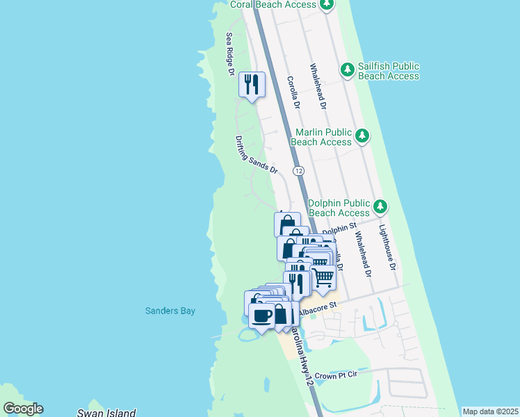 map of restaurants, bars, coffee shops, grocery stores, and more near 838 Rosewood Court in Corolla