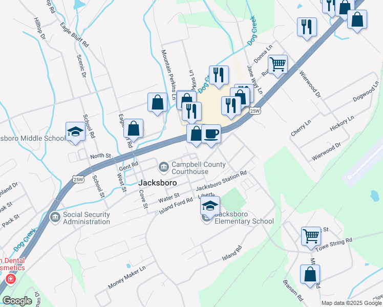 map of restaurants, bars, coffee shops, grocery stores, and more near 130 Valley Street in Jacksboro