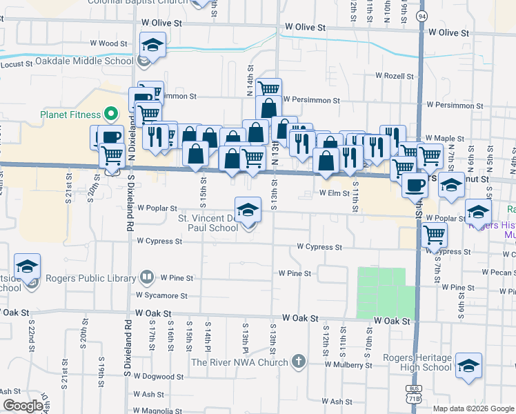 map of restaurants, bars, coffee shops, grocery stores, and more near 219 South 13th Place in Rogers