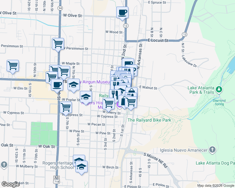 map of restaurants, bars, coffee shops, grocery stores, and more near 202 West Elm Street in Rogers