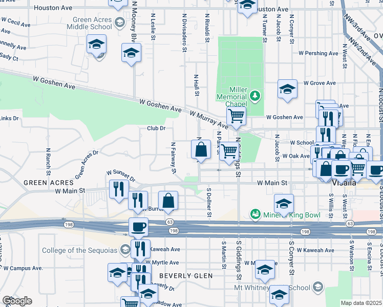 map of restaurants, bars, coffee shops, grocery stores, and more near 205 North Hall Street in Visalia