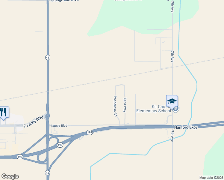 map of restaurants, bars, coffee shops, grocery stores, and more near 9780 Ponderosa Road in Hanford
