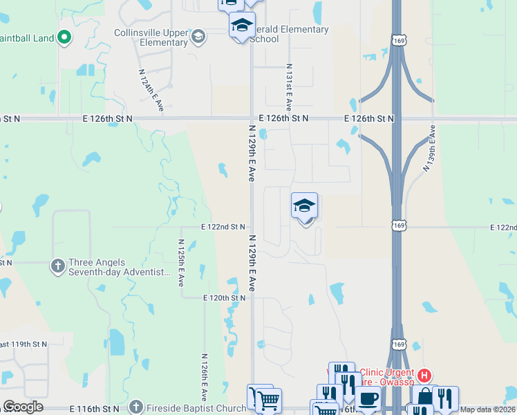 map of restaurants, bars, coffee shops, grocery stores, and more near 12206 North 129th East Avenue in Collinsville