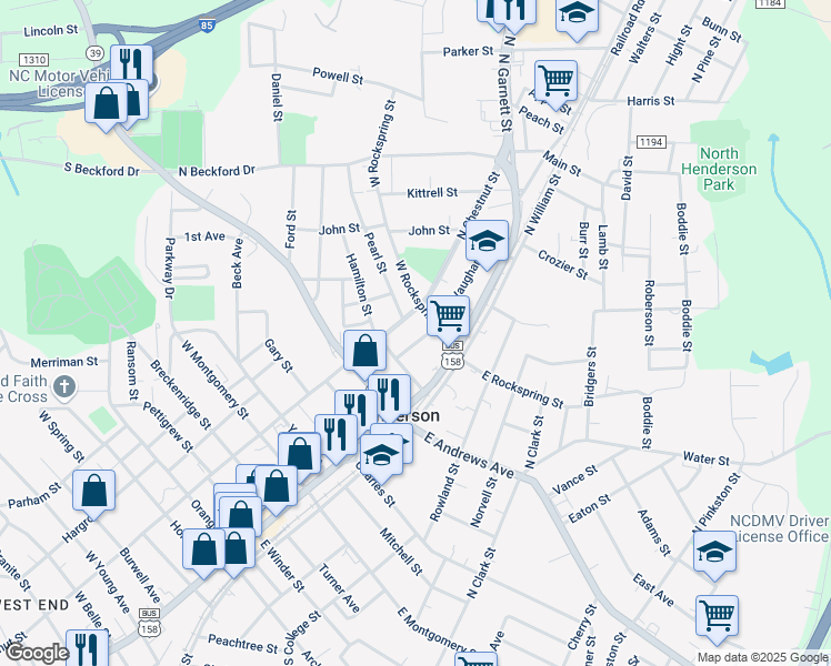map of restaurants, bars, coffee shops, grocery stores, and more near 204 Hamilton Street in Henderson