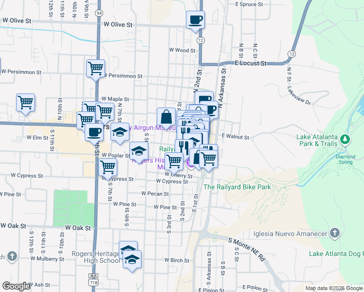 map of restaurants, bars, coffee shops, grocery stores, and more near 202 West Elm Street in Rogers