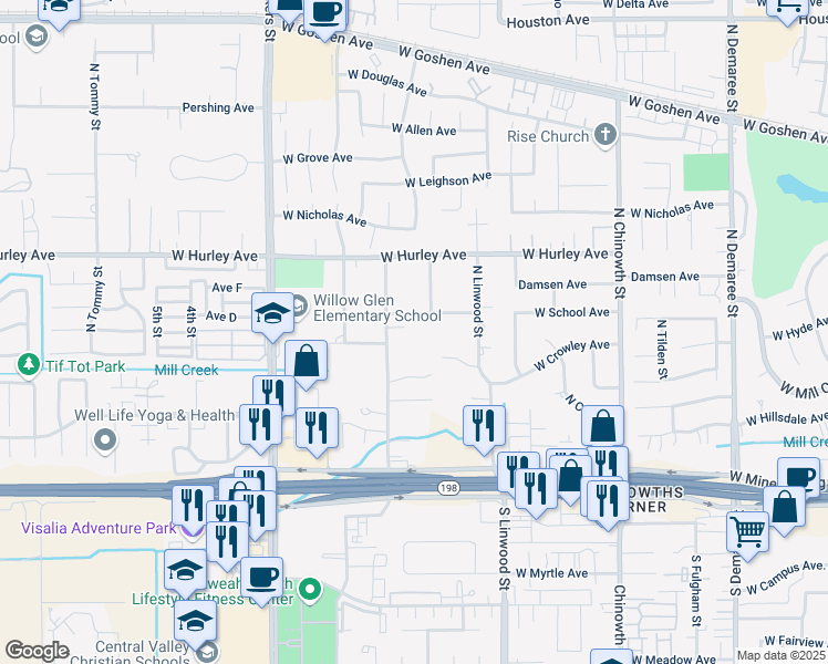map of restaurants, bars, coffee shops, grocery stores, and more near 334 North Crenshaw Street in Visalia